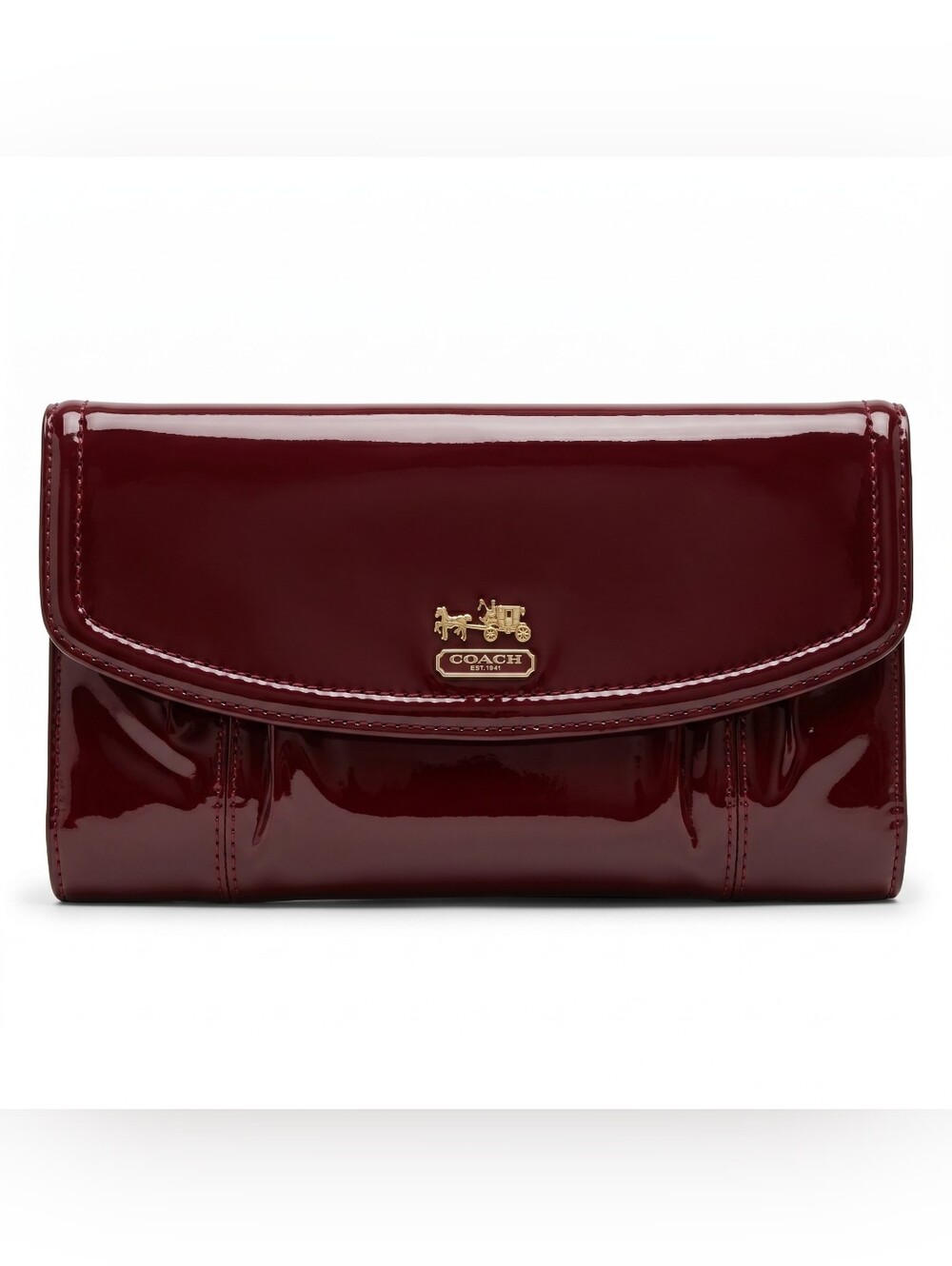 COACH Madison Patent Leather Trifold Crimson Wine Y2K Clutch Bag W/Gold Hardware